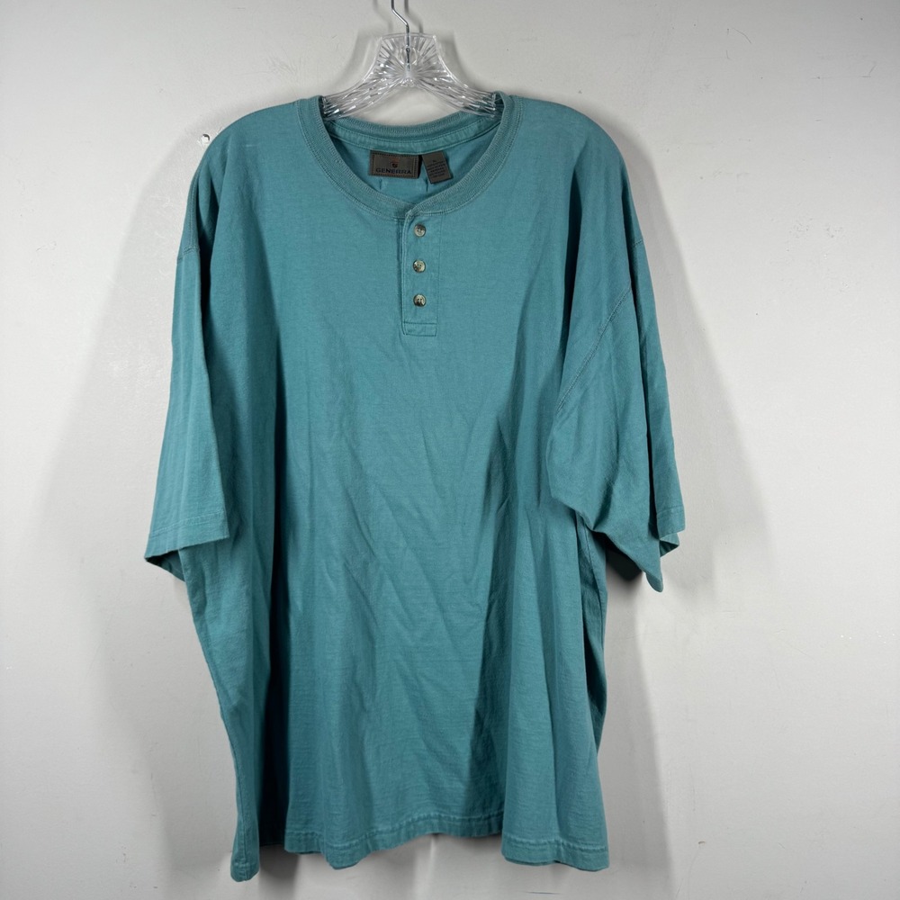 Vintage Generra Mens Henley T-Shirt XL Teal Green Cotton Short Sleeve Solid